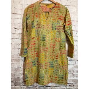 Neeru Kumar Artsy Tunic Top Womens Large Pea Green Art To Wear Embroidered RARE